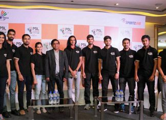 P.V. Sindhu and other shuttlers attend a PBL press conference. (photo:PTI)