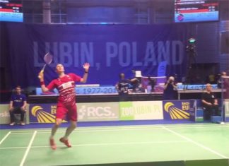 Denmark's Viktor Axelsen plays Henri Hurskainen of Sweden in 2017 European mixed team championships.