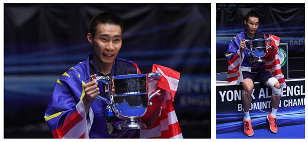 Lee Chong Wei poses with the 2017 All England trophy in Birmingham. (photo: AFP)