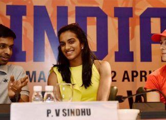 (From left) Pullela Gopichand, P.V. Sindhu and Carolina Marin during a pre-tournament press conference in New Delhi. (photo: PTI)