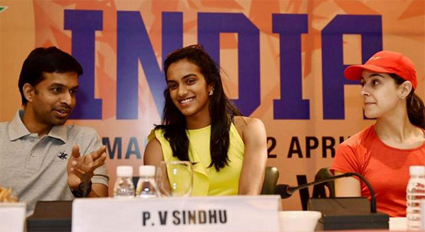 (From left) Pullela Gopichand, P.V. Sindhu and Carolina Marin during a pre-tournament press conference in New Delhi. (photo: PTI) (From left) Pullela Gopichand, P.V. Sindhu and Carolina Marin during a pre-tournament press conference in New Delhi. (photo: PTI)
