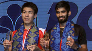 Kidambi Srikanth and Kazumasa Sakai share podium after the Indonesia Open men's singles final. (photo: AP)