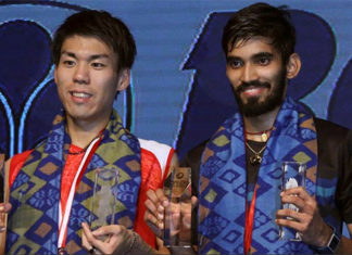 Kidambi Srikanth and Kazumasa Sakai share podium after the Indonesia Open men's singles final. (photo: AP)
