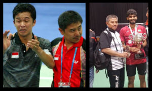 Mulyo Handoyo with Taufik Hidayat (left) and with Kidambi Srikanth.