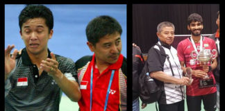 Mulyo Handoyo with Taufik Hidayat (left) and with Kidambi Srikanth.