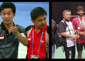 Mulyo Handoyo with Taufik Hidayat (left) and with Kidambi Srikanth.