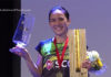 Nitchaon Jindapol lifts Bitburger Open trophy at the Saarlandhalle Saarbrucken Arena in Germany.