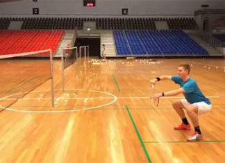 Viktor Axelsen mocks the new BWF rule that will limit the service height to 1.15m starting from All England 2018. This new rule will cause inconvenience to tall players such as Viktor Axelsen with height of 194cm and Mads Pieler Kolding of Denmark with height of 203cm. (photo: Axelsen's Youtube)