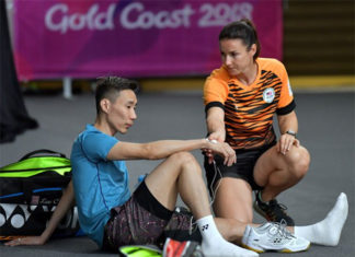 Lee Chong Wei in a practice session ahead of the Commonwealth Games mixed team event. (photo: AP)