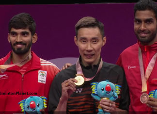Lee Chong Wei beats World No. 1 Kidambi Srikanth 19-21, 21-14, 21-14 to win men's singles gold at the 2018 Commonwealth Games