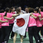 Team Japan celebrate after winning the BWF Uber Cup 2018 final against team Thailand in Bangkok. (photo: AP)
