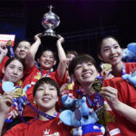 Team Japan celebrate after winning the BWF Uber Cup 2018 final against team Thailand in Bangkok. (photo: AP)