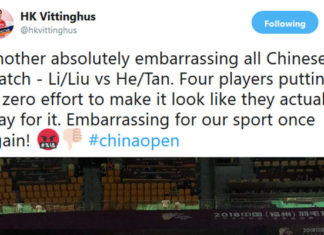 HK Vittinghus was unhappy when Li Junhui/Liu Yuchen tried "very hard" to lose to He Jiting/Tan Qiang in the China Open quarter-final. (photo: HK Vittinghus’ Twitter)