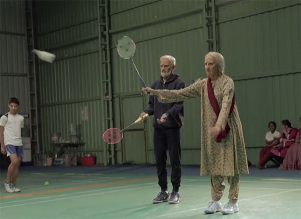 Kidambi Srikanth and Ashwini Ponnappa dressing up as old people. (photo: Red bull)