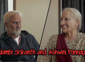 Kidambi Srikanth and Ashwini Ponnappa dressing up as old people. (photo: Red bull)