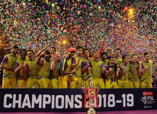 Celebration from Bengaluru Raptors following the win over the Mumbai Rockets. (photo: PBL)