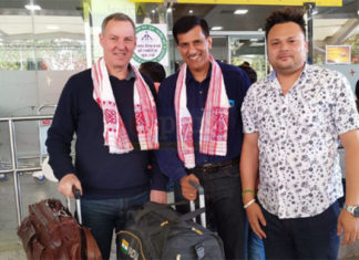 Morten Frost (L) and former Chief National Coach of India, Vimal Kumar (second from left) arrive in Guwahati to scout for young badminton talent. (photo: gplus)