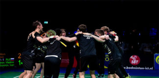 Germany's team members celebrate their 2019 European Mixed Team Badminton Championships semi-final win against Russia. (photo: Badminton Europe)