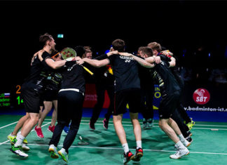 Germany's team members celebrate their 2019 European Mixed Team Badminton Championships semi-final win against Russia. (photo: Badminton Europe)