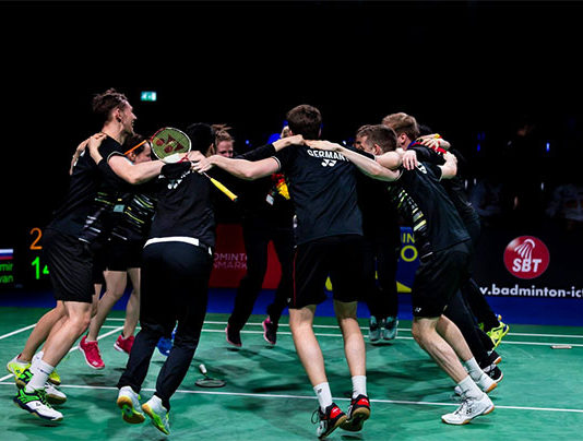 Germany's team members celebrate their 2019 European Mixed Team Badminton Championships semi-final win against Russia. (photo: Badminton Europe)