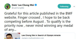 Lee Chong Wei's stories are so inspirational that all badminton fans should cheer for him to reach the 2020 Tokyo Olympics. (photo: Lee Chong Wei's Twitter)