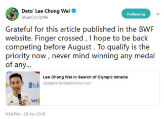 Lee Chong Wei's stories are so inspirational that all badminton fans should cheer for him to reach the 2020 Tokyo Olympics. (photo: Lee Chong Wei's Twitter)