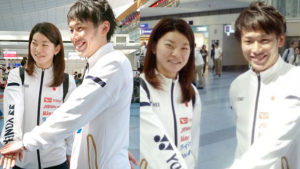 Ayaka Takahashi and Takeshi Kamura talk to reporters at Tokyo International Airport. (photo: hochi)