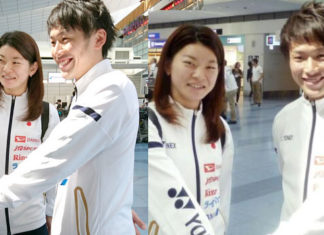 Ayaka Takahashi and Takeshi Kamura talk to reporters at Tokyo International Airport. (photo: hochi)