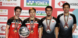 Marcus Fernaldi Gideon/Kevin Sanjaya Sukamuljo & Mohammad Ahsan/Hendra Setiawan (from left) are the World No. 1 and No. 2 men's pairs. (photo: Matt Roberts/Getty Images)