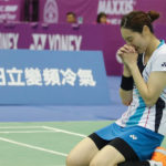 Sung Ji Hyun falls to her knees in celebration after her 2019 Chinese Taipei Open women's singles final victory over Canada's Michelle Li. (photo: CNA)