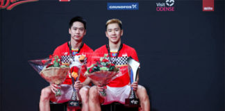 Marcus Fernaldi Gideon/Kevin Sanjaya Sukamuljo continue to dominate against Hendra Setiawan/Mohammad Ahsan in the Denmark final. (photo: Shi Tang/Getty Images)