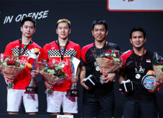 Kevin Sanjaya Sukamuljo, Marcus Fernaldi Gideon, Hendra Setiawan and Mohammad Ahsan of Indonesia are aiming for the Tokyo Olympic men's doubles gold medal. (photo: Shi Tang/Getty Images)