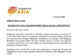 Manila replaces Wuhan as host city for 2020 Asia Championships. (photo: Badminton Asia)