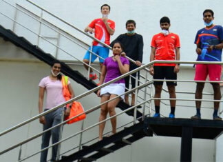 P.V. Sindhu (front left), women's doubles specialist N. Sikki Reddy, World Championship bronze medallist B. Sai Praneeth are at the Gopi Chand Academy in Hyderabad on Friday. (photo: thehindu)