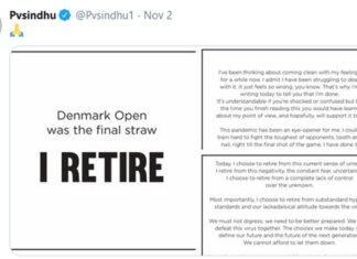 "I RETIRE" message from PV Sindhu. (photo: PV Sindhu's Twitter)