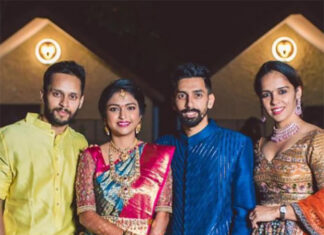 Parupalli Kashyap (left) and Saina Nehwal (right) attend the wedding of RMV Gurusai Dutt (second from right). (photo: Saina Nehwal's Facebook)