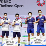 Goh V Shem/Tan Wee Kiong and Wang Chi-Lin/Lee Yang at the YONEX Thailand Open award ceremony. (photo: Badminton Thai)