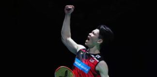 Lee Zii Jia pumps his fist after his 2021 All England semi-final victory. (photo: Naomi Baker/Getty Images)