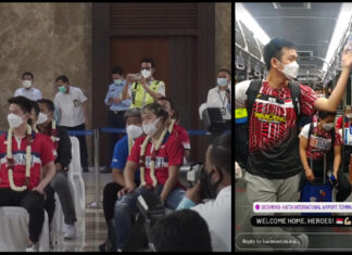 Kevin Sanjaya Sukamuljo, Marcus Fernaldi Gideon, Hendra Setiawan, and the whole Indonesian team have arrived safely in Indonesia Monday night Indonesian time. (photo: PBSI)