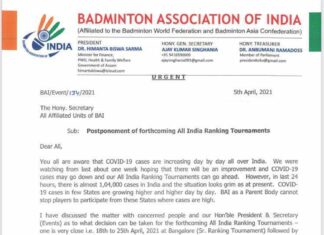 Official letter from BAI about the postponement of all domestic badminton tournaments in India. (photo: BAI)