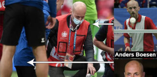 In the blue jacket, Morten Boesen was the first of the two brothers to reach Christian Eriksen. Anders holds the oxygen mask. Paramedic Peder Ersgaard also helped save Christian Eriksen. (photo: Lars Poulsen)