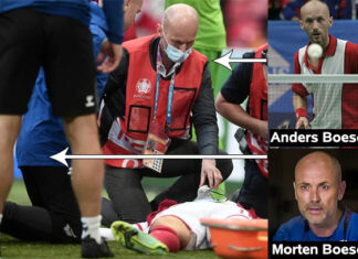 In the blue jacket, Morten Boesen was the first of the two brothers to reach Christian Eriksen. Anders holds the oxygen mask. Paramedic Peder Ersgaard also helped save Christian Eriksen. (photo: Lars Poulsen)
