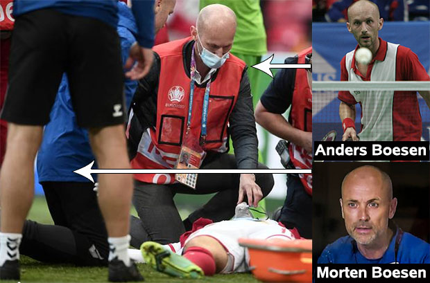 In the blue jacket, Morten Boesen was the first of the two brothers to reach Christian Eriksen. Anders holds the oxygen mask. Paramedic Peder Ersgaard also helped save Christian Eriksen. (photo: Lars Poulsen) In the blue jacket, Morten Boesen was the first of the two brothers to reach Christian Eriksen. Anders holds the oxygen mask. Paramedic Peder Ersgaard also helped save Christian Eriksen. (photo: Lars Poulsen)