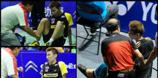 Lee Chong Wei experienced a severe ankle sprain at the 2012 Thomas Cup Finals in Wuhan, China. (photo: Xinhua)