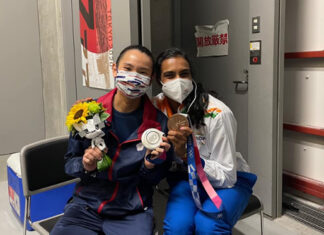 Tai Tzu Ying takes a picture with PV Sindhu after the 2020 Tokyo Olympics award ceremony. (photo: Tai Tzu Ying's Facebook)
