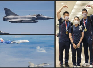 Four fighter jets escort the Taiwanese badminton team back to Taiwan. (photo: CNA)