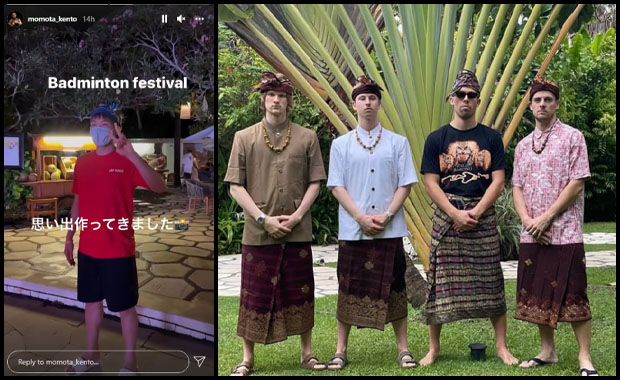 Kento Momota (from left), Anders Antonsen, Kim Astrup, Anders Skaarup Rasmussen and Hans-Kristian Solberg Vittinghus are having fun in Bali. (photo: Instagram) Kento Momota (from left), Anders Antonsen, Kim Astrup, Anders Skaarup Rasmussen and Hans-Kristian Solberg Vittinghus are having fun in Bali. (photo: Instagram)