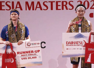 Kento Momota (R) and Anders Antonsen pose for pictures at the 2021 Indonesia Masters award ceremony.