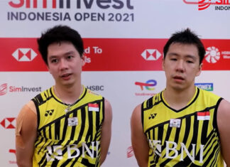 Kevin Sanjaya Sukamuljo/Marcus Fernaldi Gideon look very tired during the post-game interview. (photo: PBSI)