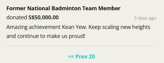 A donor identified as a former national badminton team member contributed S$50,000 and posted the message below to encourage Loh Kean Yew to keep improving and keep striving for success in badminton.